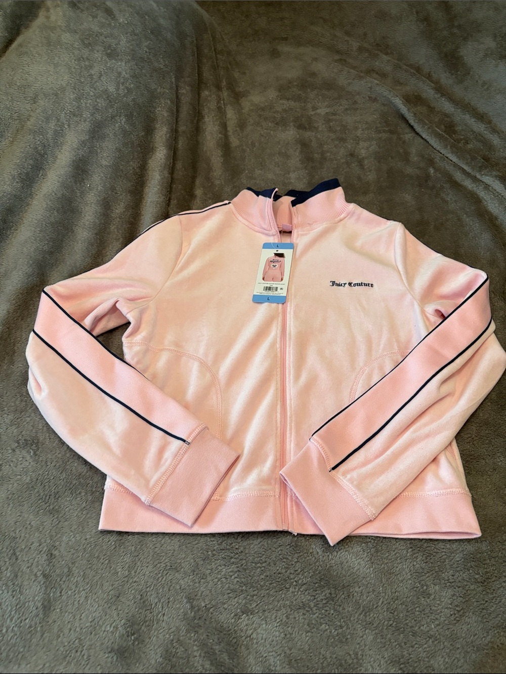 Juicy Couture Light Pink Velour Zip Jacket with Navy Trim